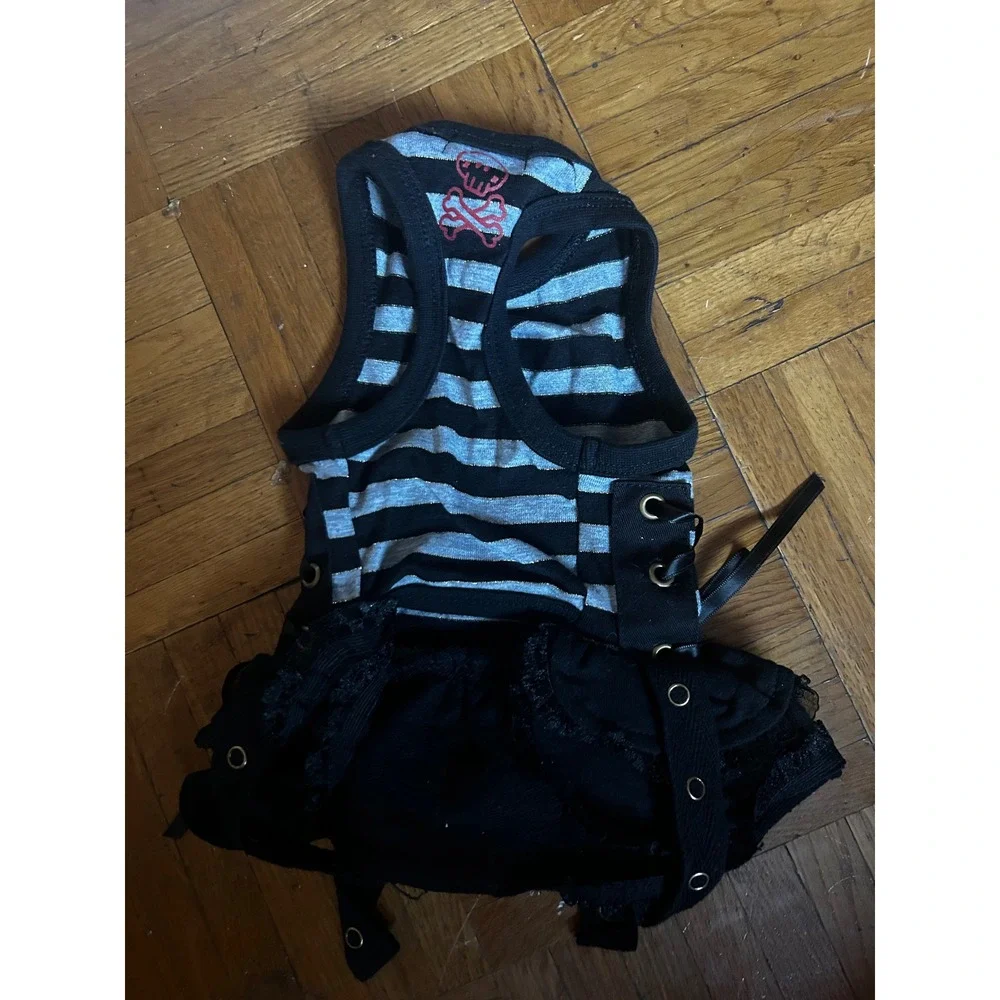 Wooflink Dog Dress Blue Black Striped Good Lace-up Side Detail